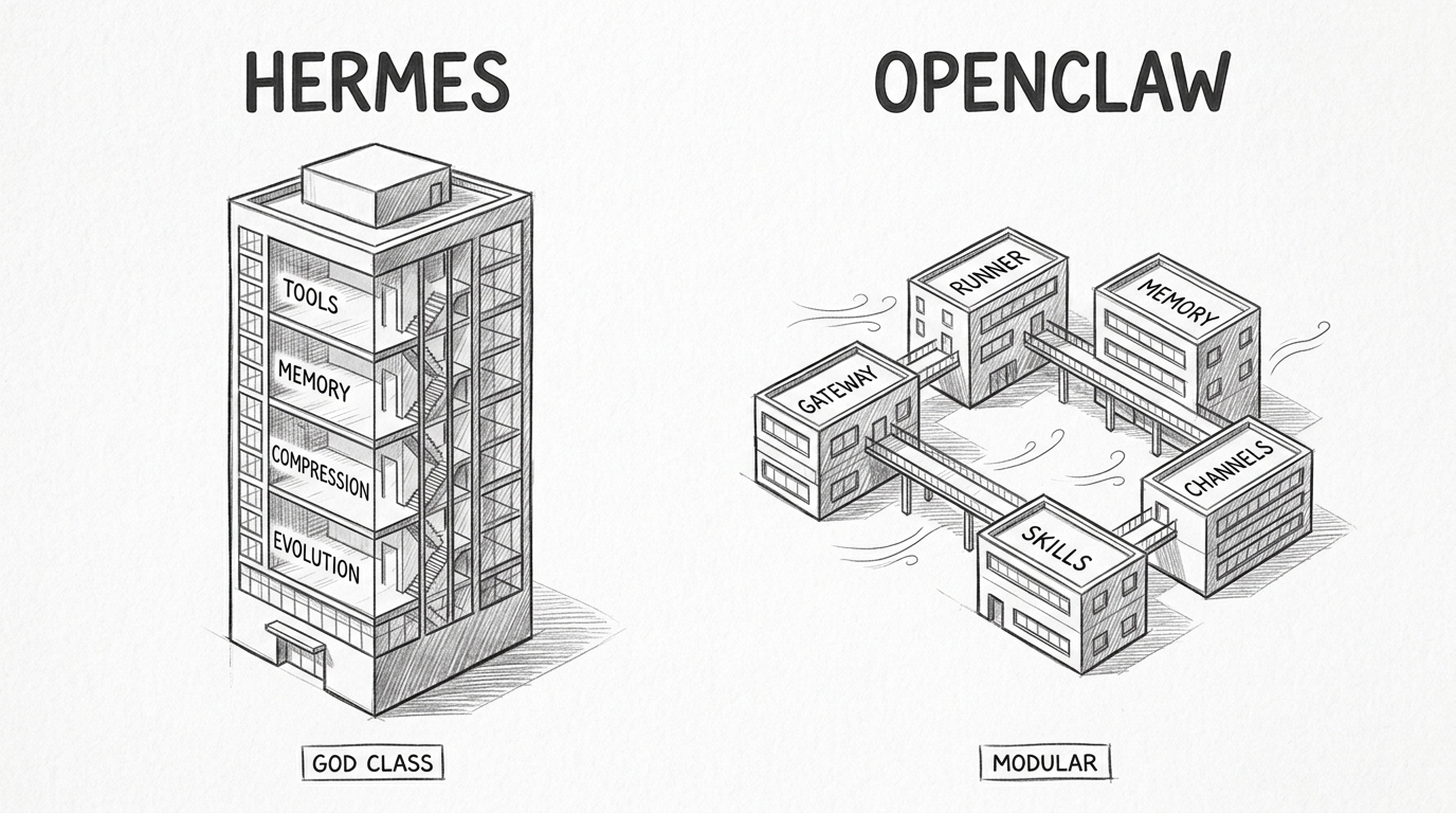 Hand-drawn pencil sketch showing two buildings side by side. Left: a single massive skyscraper labeled HERMES with all functions visible through the windows on different floors — tools, memory, compression, evolution — all connected by internal staircases. Right: a campus of smaller buildings labeled OPENCLAW connected by exposed walkways and bridges between them — gateway building, runner building, memory building, skills building. The skyscraper looks dense but solid. The campus looks elegant but the walkways between buildings are exposed to the elements.