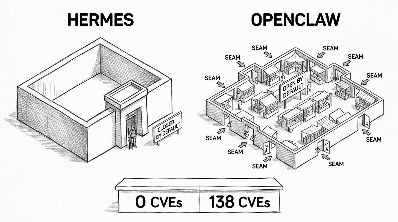 Hand-drawn pencil sketch comparing security architectures. Left: a compact fortress labeled HERMES with thick walls, one guarded gate, and a sign reading CLOSED BY DEFAULT. Few entry points to defend. Right: a sprawling open bazaar labeled OPENCLAW with many openings, each marked SEAM, and a sign reading OPEN BY DEFAULT. Below: a counter showing 0 CVEs under the fortress and 138 CVEs under the bazaar.