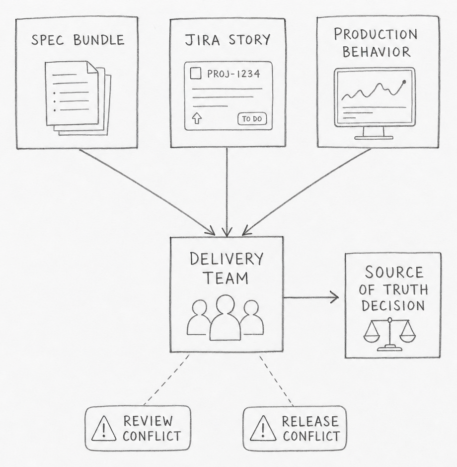 Hand-drawn pencil schematic showing three inputs labeled SPEC BUNDLE, JIRA STORY, and PRODUCTION BEHAVIOR converging on DELIVERY TEAM, then flowing to SOURCE OF TRUTH DECISION. Callouts mark review conflict and release conflict.