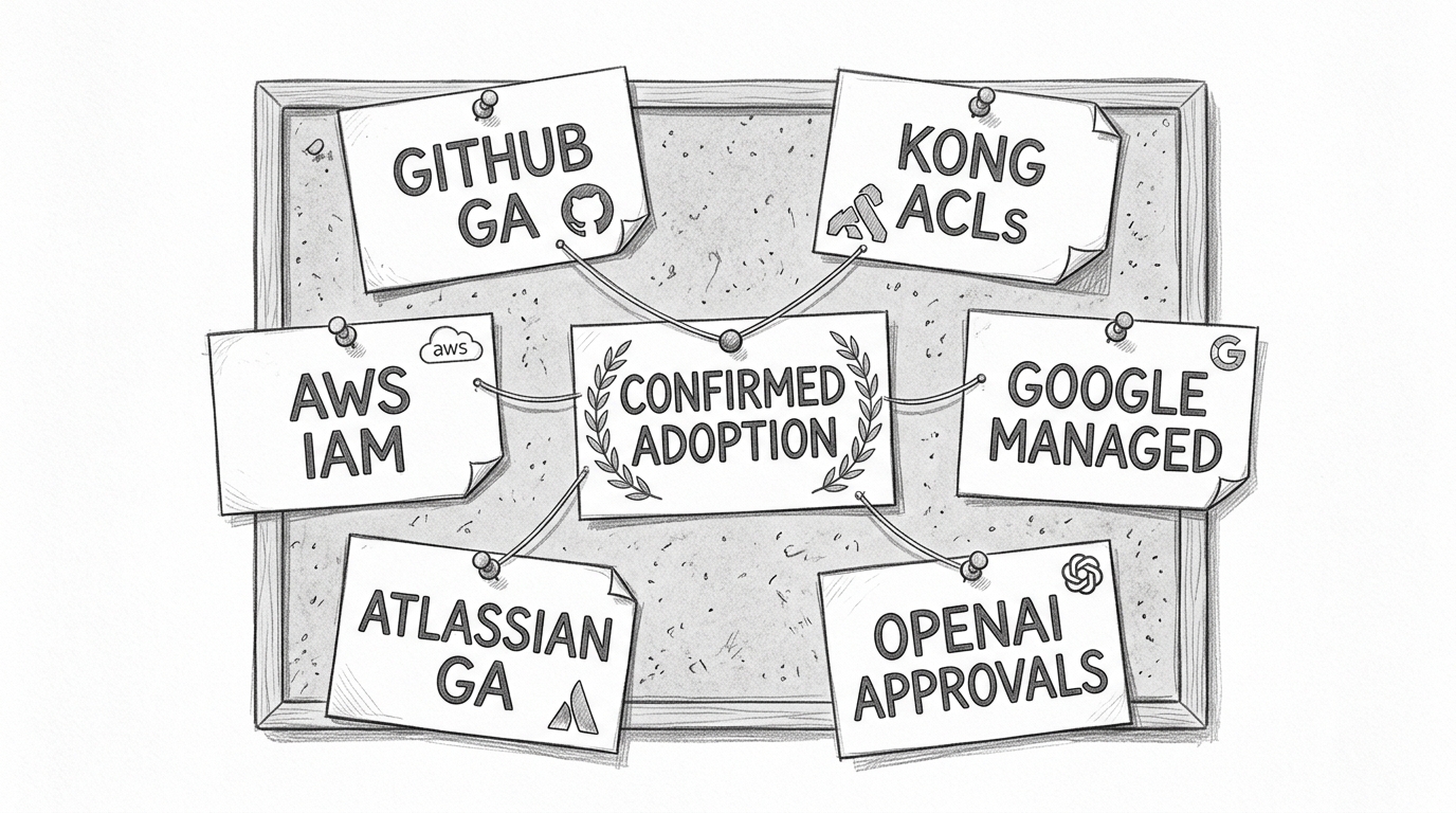 Hand-drawn pencil sketch of a corkboard used by a platform team. Six pinned cards read GitHub GA, Kong ACLs, AWS IAM, Google Managed, Atlassian GA, and OpenAI Approvals. Thin strings connect them to a note in the center labeled CONFIRMED ADOPTION. No corporate logos, only handwritten labels.