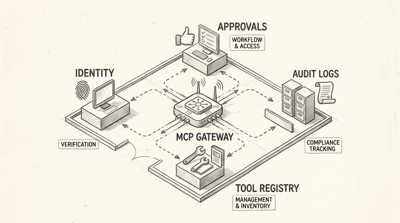 Hand-drawn pencil sketch showing a simple tower-and-runway metaphor. Several small boxes labeled Remote Server, Approval URL, Session State, and Task Polling are coordinated by a central tower labeled CONTROL PLANE. The style is minimal pencil sketch, clear, and instructional.