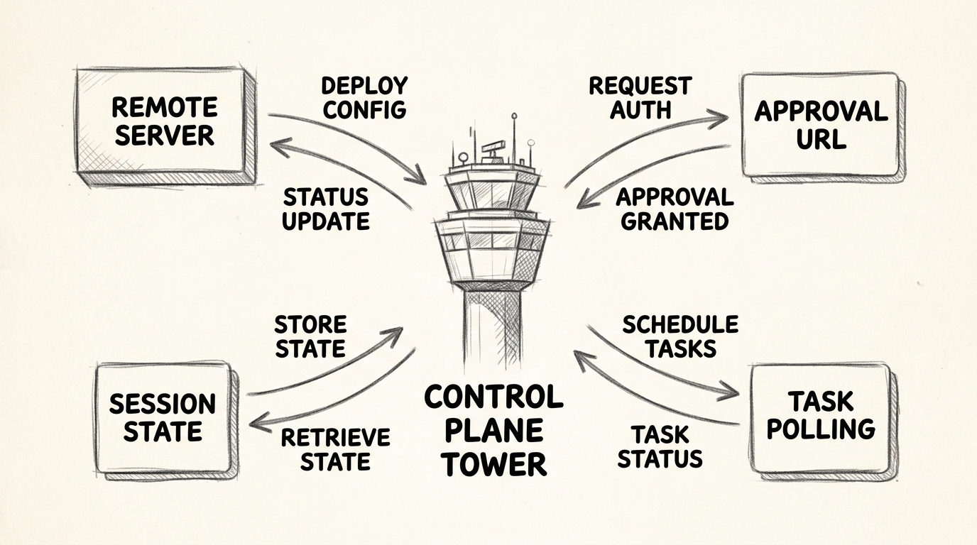 Hand-drawn pencil sketch of an enterprise operations room. A central MCP gateway console sits between four labeled stations: Identity, Approvals, Audit Logs, and Tool Registry. The scene looks like a calm control room rather than a futuristic dashboard, in a pencil sketch style with clear labels and no logos.