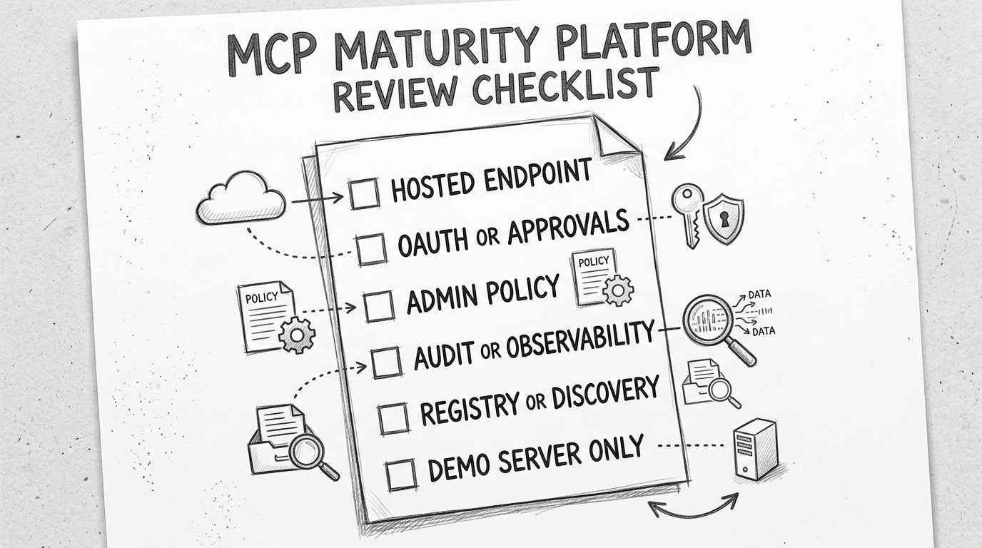 Hand-drawn pencil sketch of a platform review checklist on paper. Five boxes are checked: Hosted Endpoint, OAuth or Approvals, Admin Policy, Audit or Observability, and Registry or Discovery. One box is left unchecked: Demo Server Only. Pencil sketch style, simple and readable.