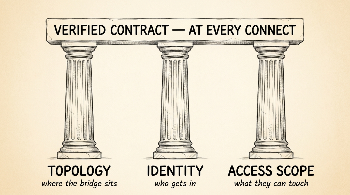 Pencil sketch of three classical stone pillars standing in a row, each carved with visible hatching for texture. Above the three pillars a single long horizontal stone lintel carries a hand-lettered inscription: 'VERIFIED CONTRACT — at every CONNECT'. The three pillars are labeled at their bases, left to right: TOPOLOGY, IDENTITY, ACCESS SCOPE. Below each base label, a smaller italic subtitle notes what each pillar provides: 'TOPOLOGY: where the bridge sits'; 'IDENTITY: who gets in'; 'ACCESS SCOPE: what they can touch'.