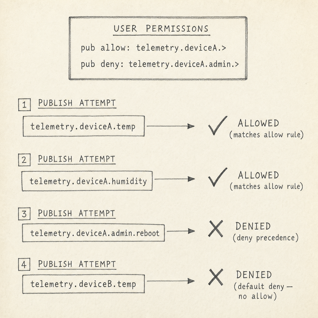 Pencil schematic of a subject authorization decision tree. At the top, a rules box headed 'USER PERMISSIONS' lists two rules: 'pub allow: telemetry.deviceA.>' and 'pub deny: telemetry.deviceA.admin.>'. Below, four publish attempts each show the subject on the left and an outcome on the right. Attempt 1 (telemetry.deviceA.temp): ALLOWED — matches allow rule. Attempt 2 (telemetry.deviceA.humidity): ALLOWED — matches allow rule. Attempt 3 (telemetry.deviceA.admin.reboot): DENIED — deny precedence. Attempt 4 (telemetry.deviceB.temp): DENIED — default deny, no allow matches.