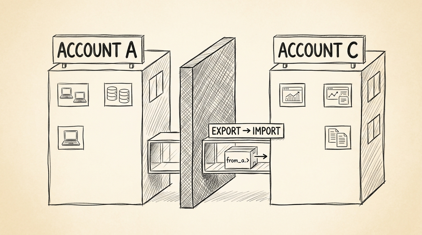 Loose pencil-sketch illustration of two boxy buildings side by side on a warm cream parchment background, labeled in large hand-lettered ALL-CAPS at the top: ACCOUNT A on the left, ACCOUNT C on the right. Account A's wall icons show laptops and database cylinders; Account C's wall icons show dashboard graphs and document pages. A thick crosshatch-shaded wall stands between the two buildings. At ground level, a small enclosed walkway crosses through the wall with a hand-lettered sign reading 'EXPORT → IMPORT'; inside the walkway, a small package labeled 'from_a.>' is being carried from Account A toward Account C with an arrow indicating direction.