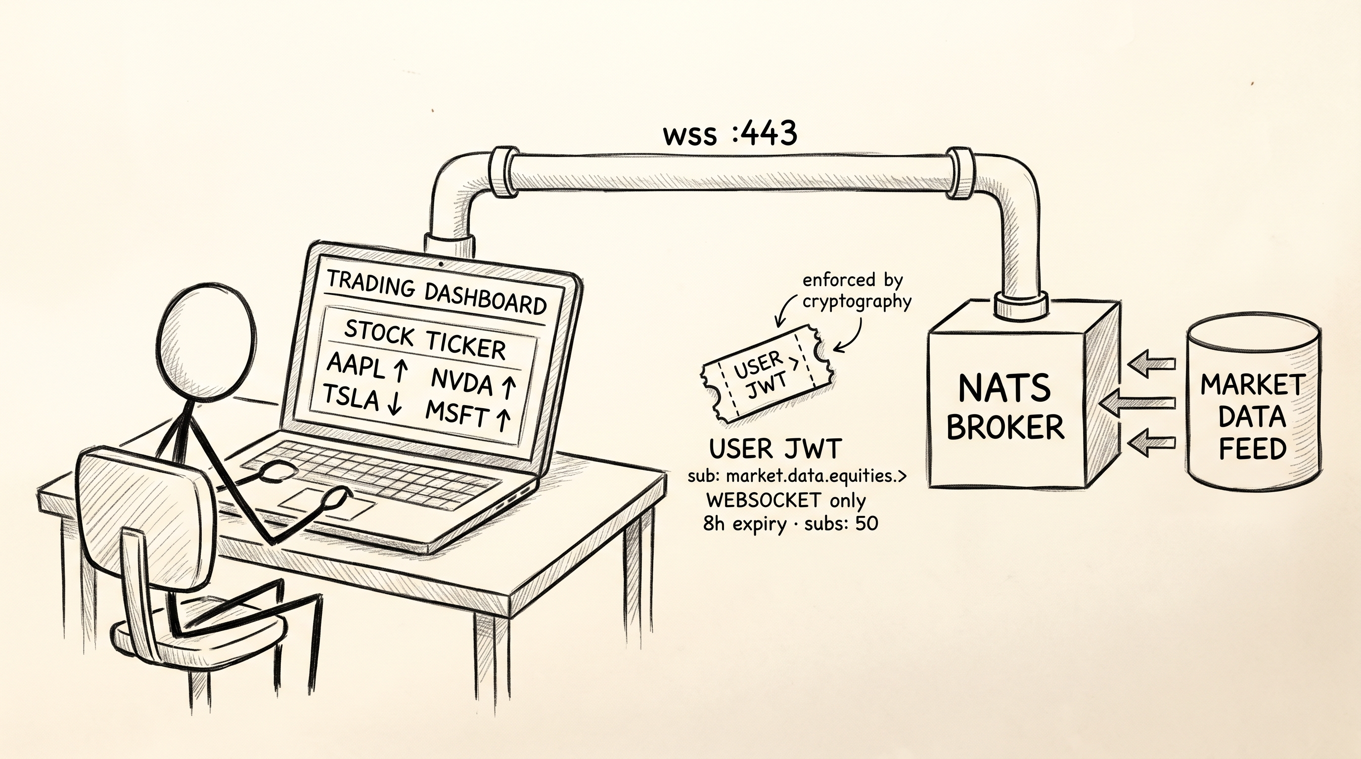Pencil sketch of a trader sitting at a desk facing a laptop. The laptop screen shows a stylized 'TRADING DASHBOARD' with a stock ticker reading 'AAPL up, TSLA down, NVDA up, MSFT up'. A pipe-like connection labeled 'wss :443' goes from the laptop up and to the right to a box labeled 'NATS BROKER'. On the pipe, a small ticket icon is labeled 'USER JWT' with subtitles 'sub: market.data.equities.>', 'WEBSOCKET only', '8h expiry · subs: 50'; a small arrow annotation reads 'enforced by cryptography'. To the right of the broker, a cylinder labeled 'MARKET DATA FEED' pumps data into the broker.