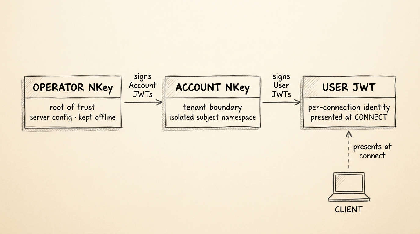 Pencil schematic of the NATS JWT trust hierarchy on a warm cream parchment background, drawn landscape and reading left to right. Three labeled rectangular boxes are arranged horizontally. Left box: OPERATOR NKey, with the subtitle 'root of trust · server config · kept offline'. A horizontal arrow labeled 'signs Account JWTs' connects it to the middle box. Middle box: ACCOUNT NKey, with subtitle 'tenant boundary · isolated subject namespace'. A second horizontal arrow labeled 'signs User JWTs' connects it to the right box. Right box: USER JWT, with subtitle 'per-connection identity · presented at CONNECT'. Below the right box, a small simple laptop icon labeled 'CLIENT' has a dashed arrow pointing up to the USER JWT box, labeled 'presents at connect'.