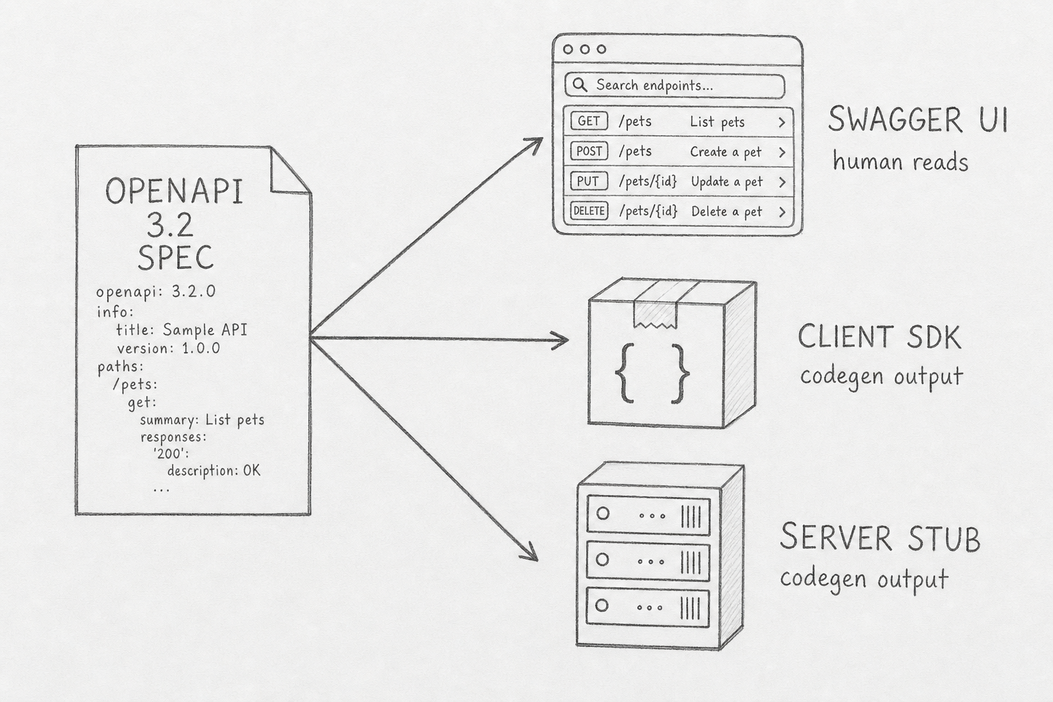 Hand-drawn pencil schematic showing a single OpenAPI 3.2 spec document on the left, with three arrows fanning out to three derived artifacts on the right: a Swagger UI browser window labeled human reads, a parcel-style box with curly braces labeled Client SDK codegen output, and a server rack labeled Server Stub codegen output.