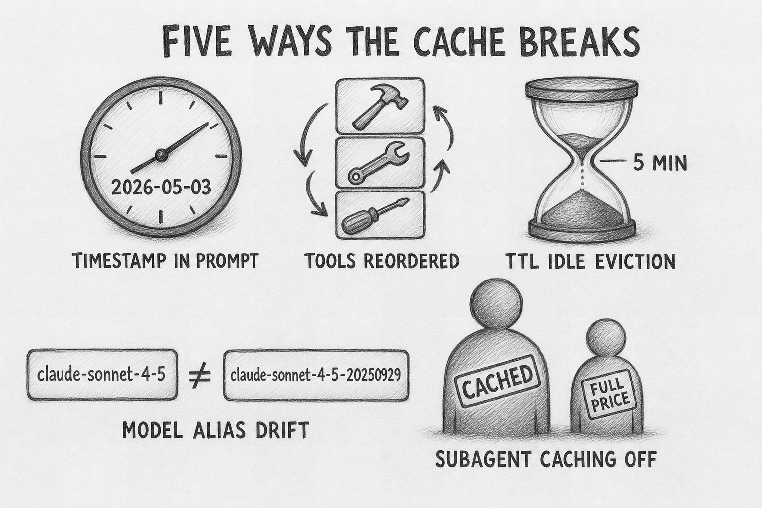 Hand-drawn pencil sketch showing five hazard icons of common cache-breaking patterns. Title reads 