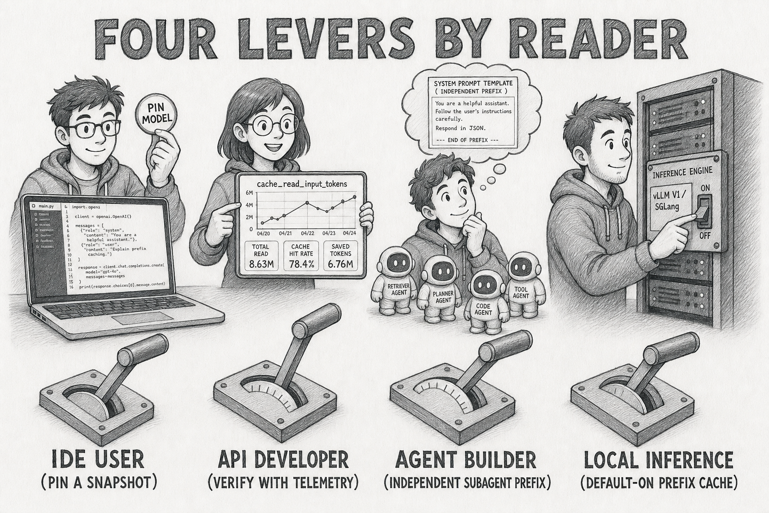 Hand-drawn pencil sketch showing four reader segments and their respective levers. Title reads 