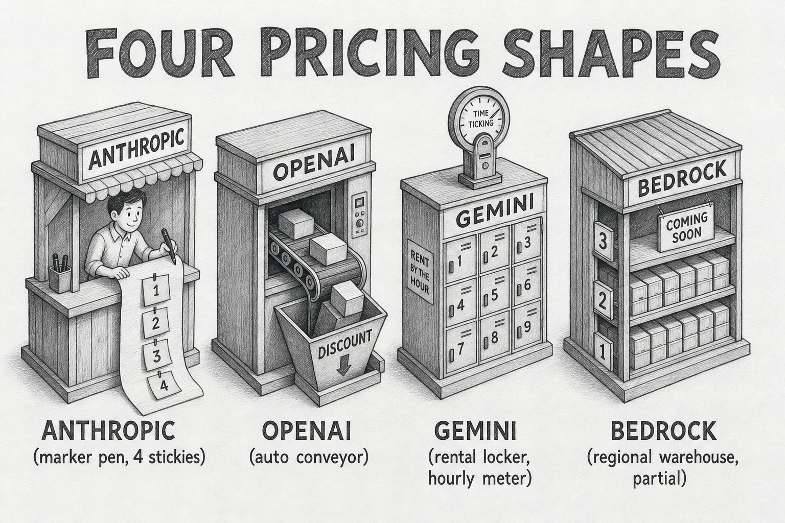 Hand-drawn pencil sketch metaphor showing four vendor stalls side-by-side, one per provider. Title reads 