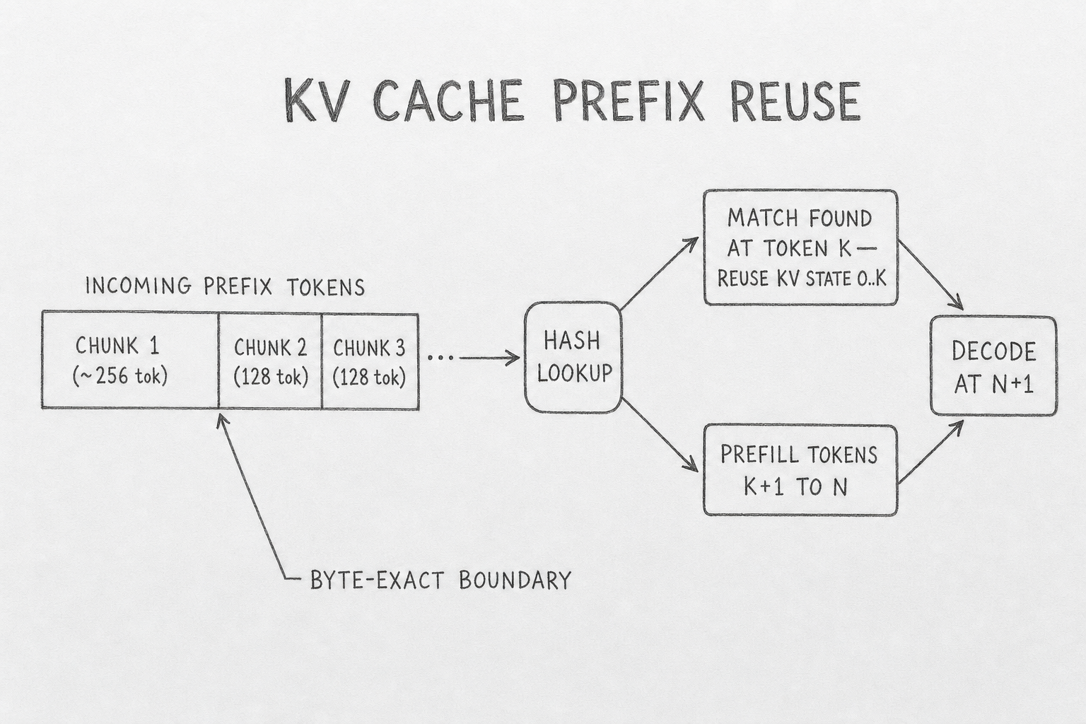 Hand-drawn pencil schematic showing the KV cache prefix reuse mechanism. Title at top reads 