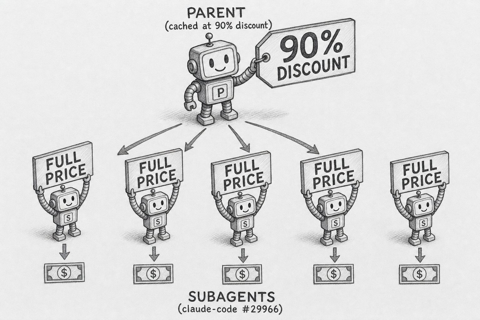 Hand-drawn pencil sketch metaphor showing a parent agent robot at the top labeled 