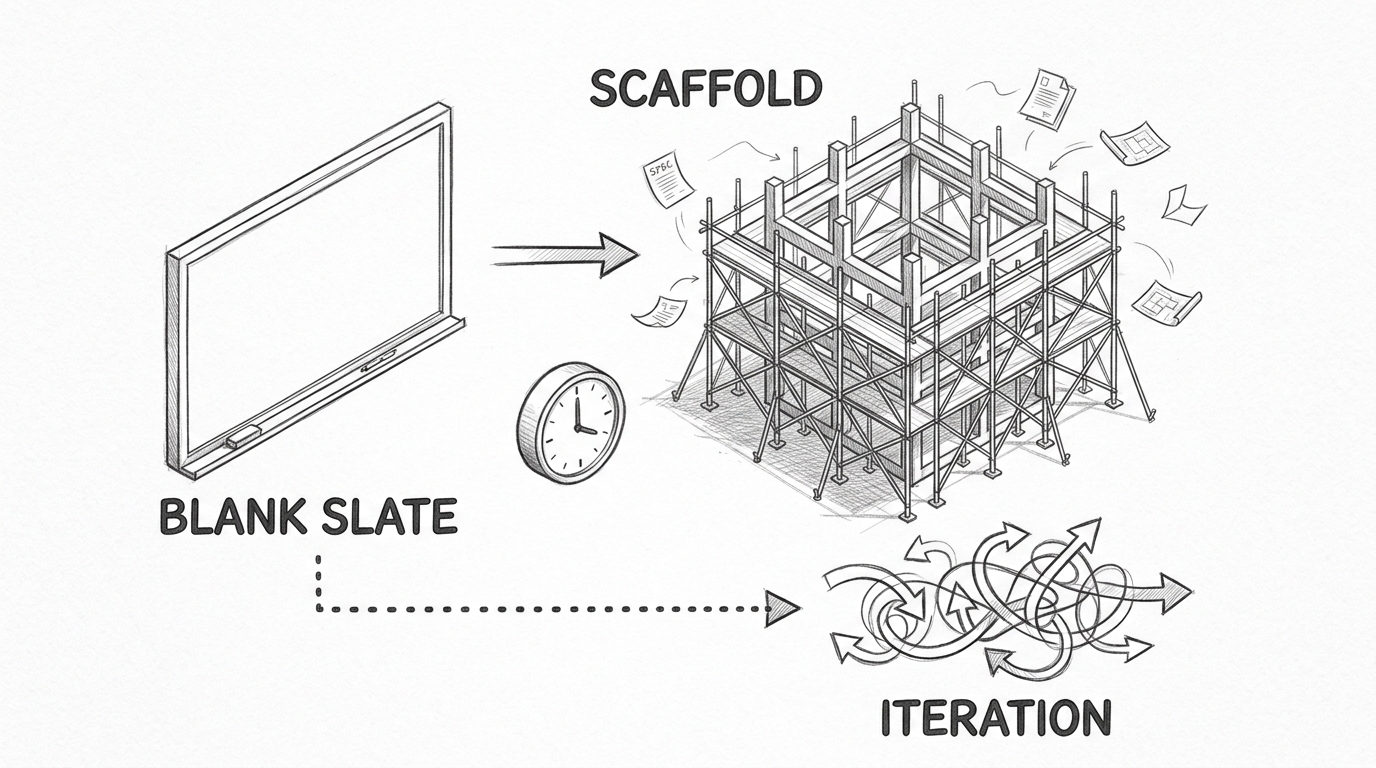 Hand-drawn pencil sketch showing a blank whiteboard on the left labeled BLANK SLATE, an arrow pointing right through a clock to a fully scaffolded building structure labeled SCAFFOLD with blueprint documents fluttering around it. A dotted arrow below continues rightward into a tangled knot of arrows labeled ITERATION.