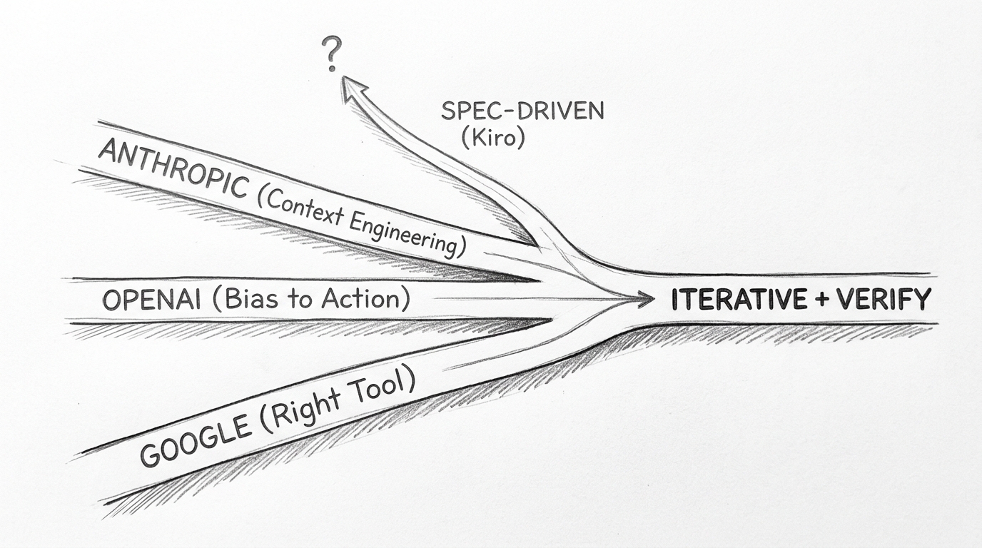 Hand-drawn pencil sketch of three roads labeled ANTHROPIC (Context Engineering), OPENAI (Bias to Action), and GOOGLE (Right Tool) converging into a single bold path labeled ITERATIVE + VERIFY. A fourth path labeled SPEC-DRIVEN (Kiro) diverges away from the group with a question mark at its end.