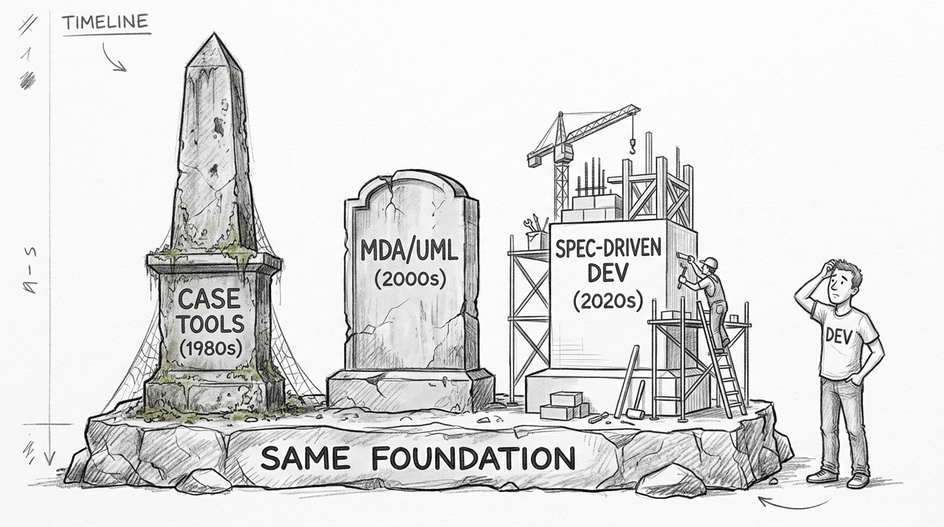 Hand-drawn pencil sketch of three monuments on a shared stone foundation labeled SAME FOUNDATION. Left: a tall weathered obelisk labeled CASE TOOLS (1980s). Center: a shorter gravestone labeled MDA/UML (2000s). Right: a shiny new structure under construction with scaffolding and a crane, labeled SPEC-DRIVEN DEV (2020s). A developer in a DEV t-shirt stands to the right scratching their head.