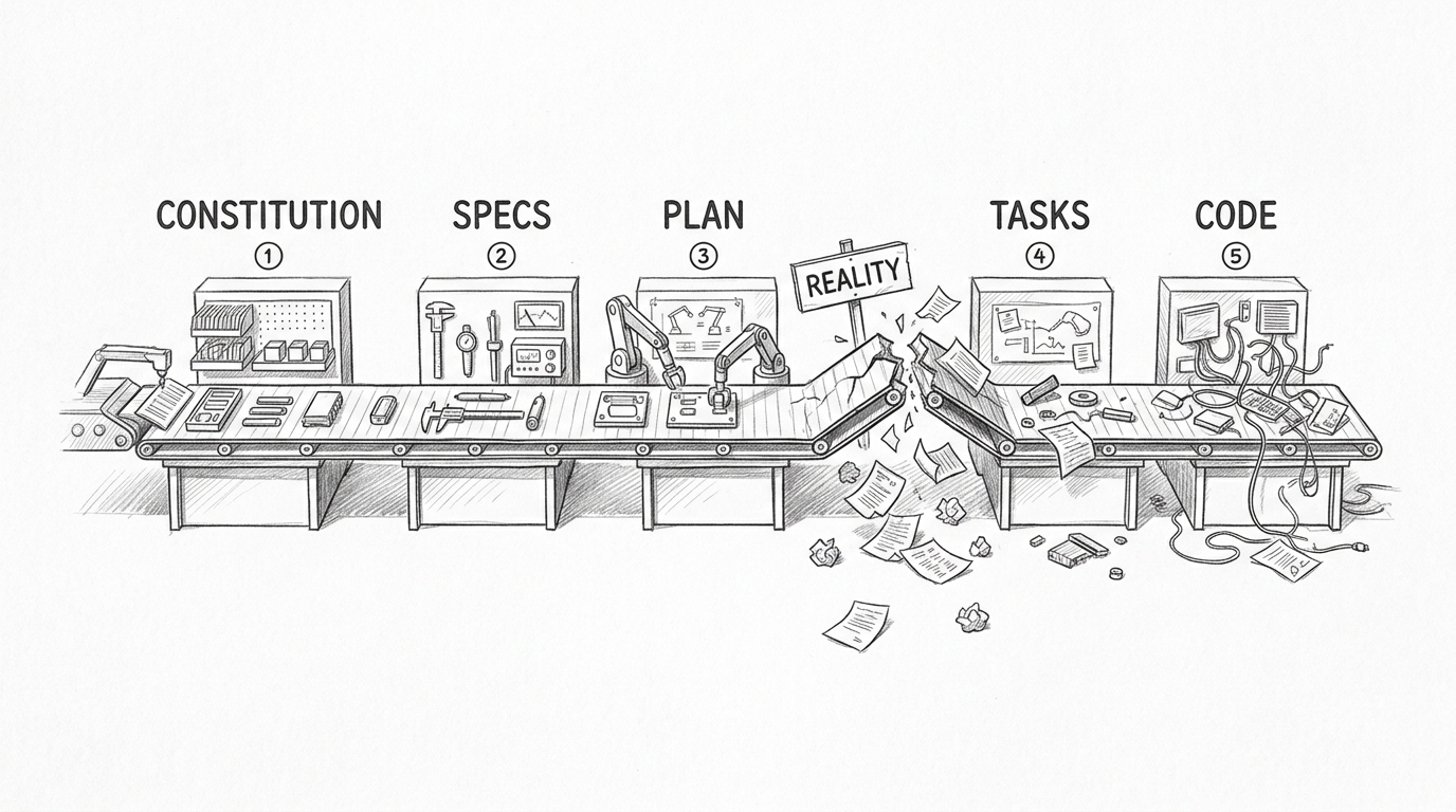 Hand-drawn pencil sketch of a factory conveyor belt with five stations labeled CONSTITUTION, SPECS, PLAN, TASKS, and CODE. The belt runs smoothly through the first three stations but cracks apart between PLAN and TASKS, where a sign reads REALITY. Documents scatter from the break point into chaos on the right side.