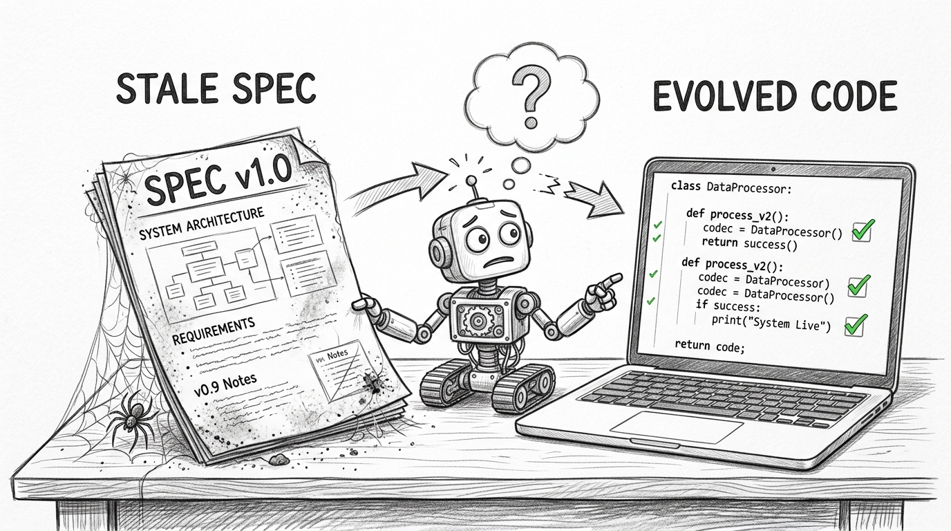 Hand-drawn pencil sketch of a confused robot sitting between a dusty document labeled STALE SPEC v1.0 with cobwebs and a spider, and a modern laptop showing clean code labeled EVOLVED CODE with checkmarks. The robot holds the spec in one hand and points at the laptop with the other, with a question mark thought bubble above its head.