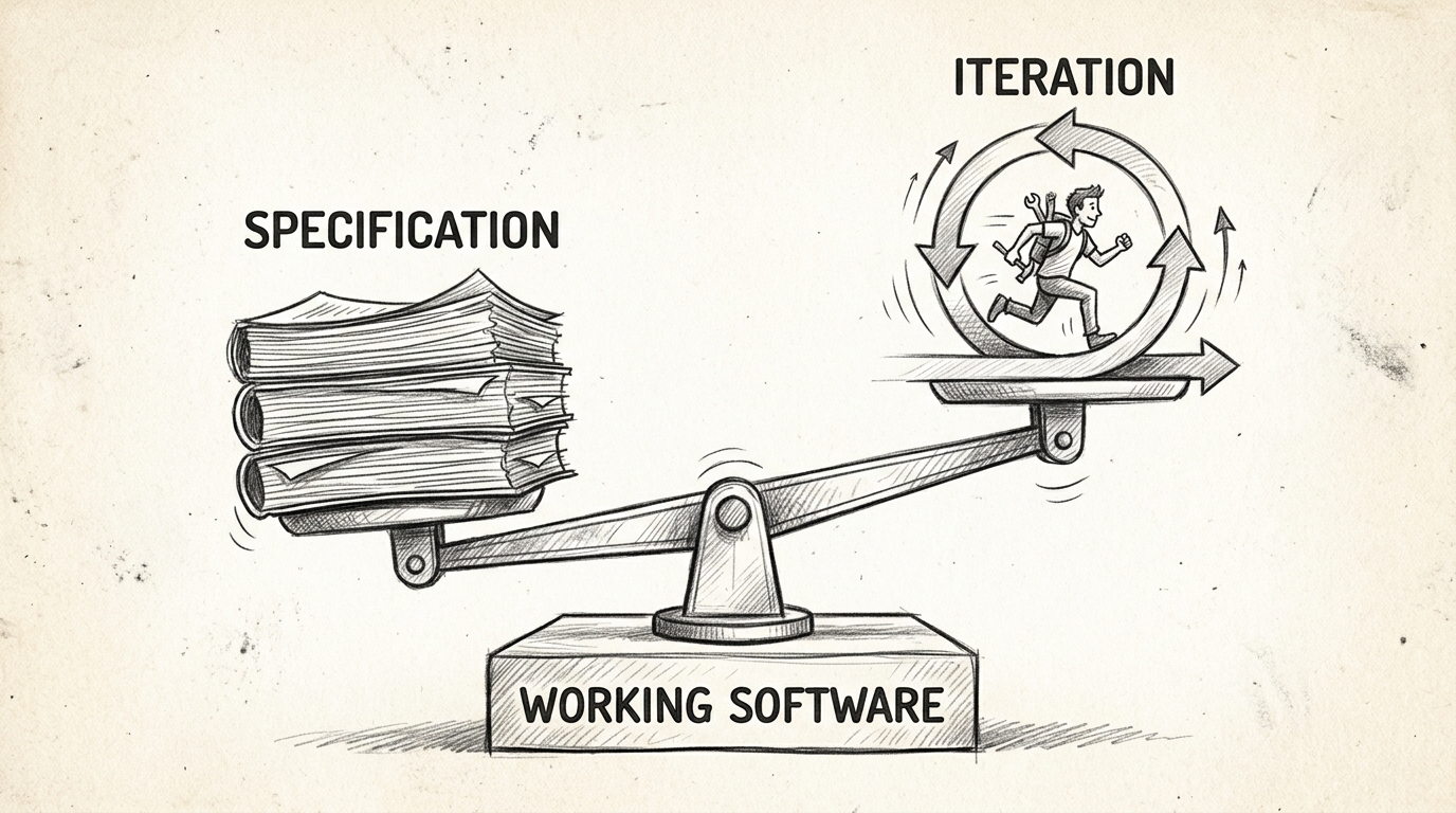 Hand-drawn pencil sketch of a balance scale on a pedestal labeled WORKING SOFTWARE. The left side holds a heavy stack of documents labeled SPECIFICATION, weighing it down. The right side holds a figure running inside a circular loop of arrows labeled ITERATION, with upward momentum. The scale tips toward specification but the iteration side rises.